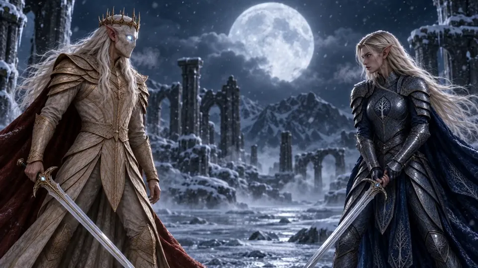 Hansall, masked and crowned in gold, and the young Hannah Icetear in blue and silver armour, face each other across a frozen lake under the moon.