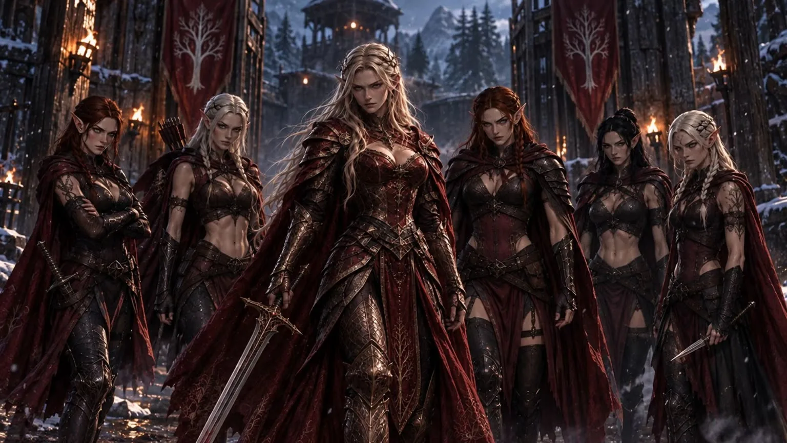 Hannarial Icetear and five Red Rangers standing at the Verdant Gate under torchlight and falling snow.