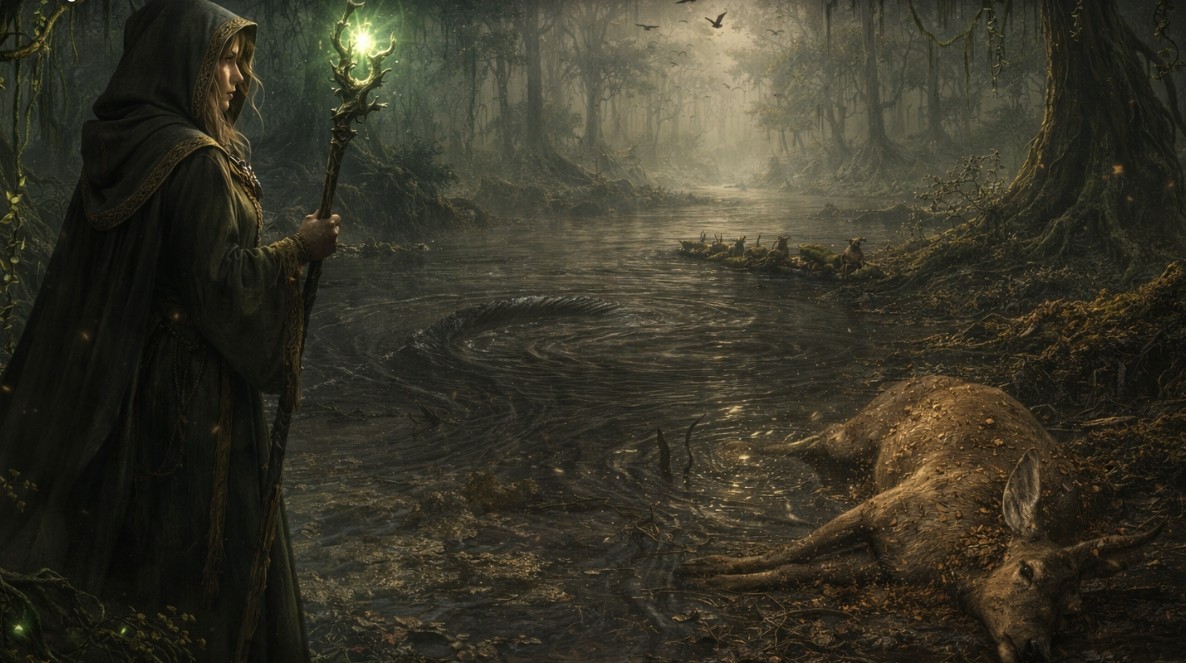 A hooded figure holds a glowing staff over still dark swamp water beside a fallen deer, mist rising through ancient trees